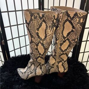 Snake Print Knee-High Boots in Beige & Black